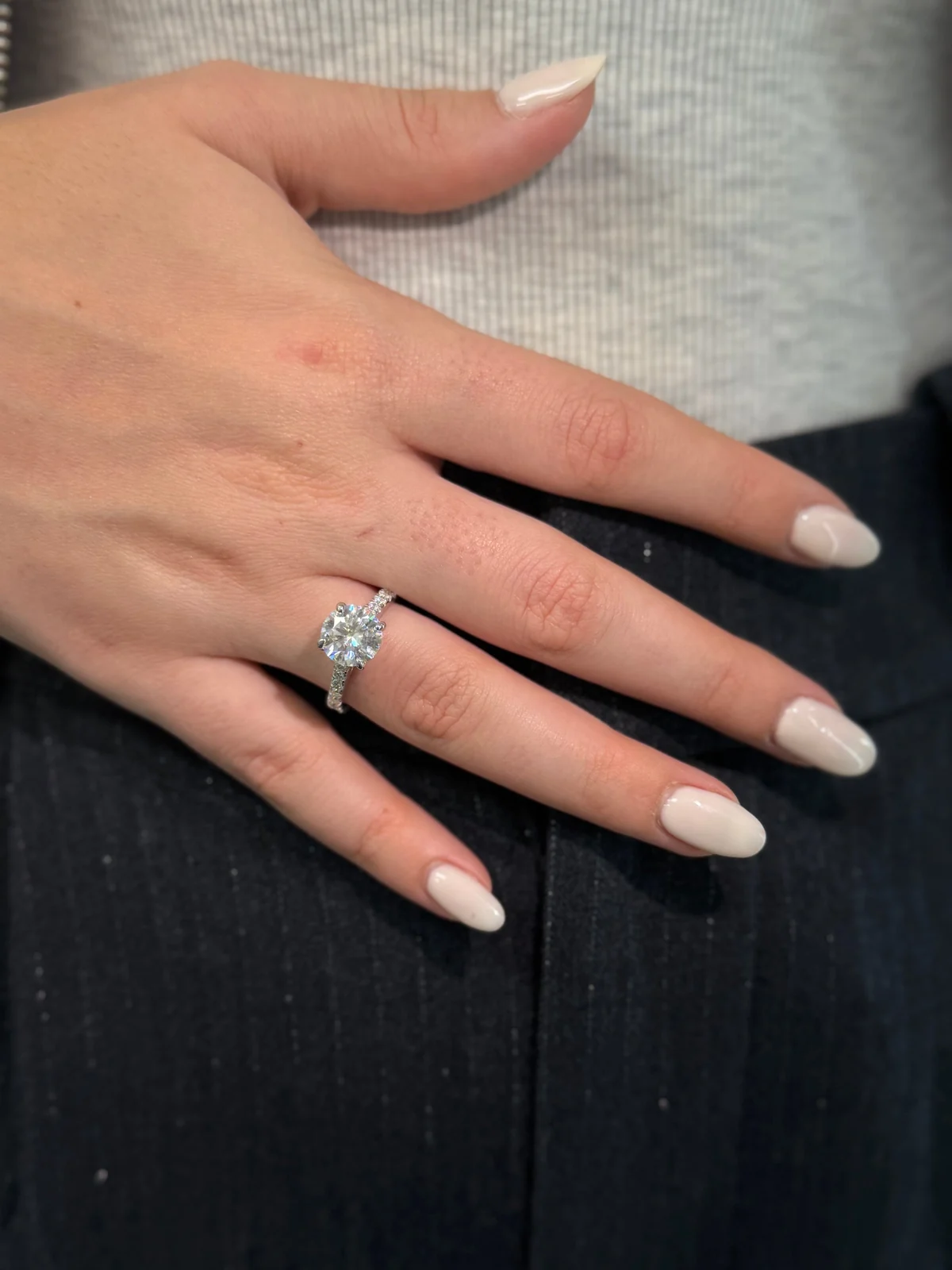 3CT Round Cut Engagement Ring with Pave Band worn
