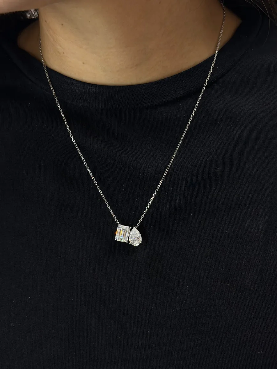 5cttw Toi et Moi Emerald & Pear Cut Necklace worn