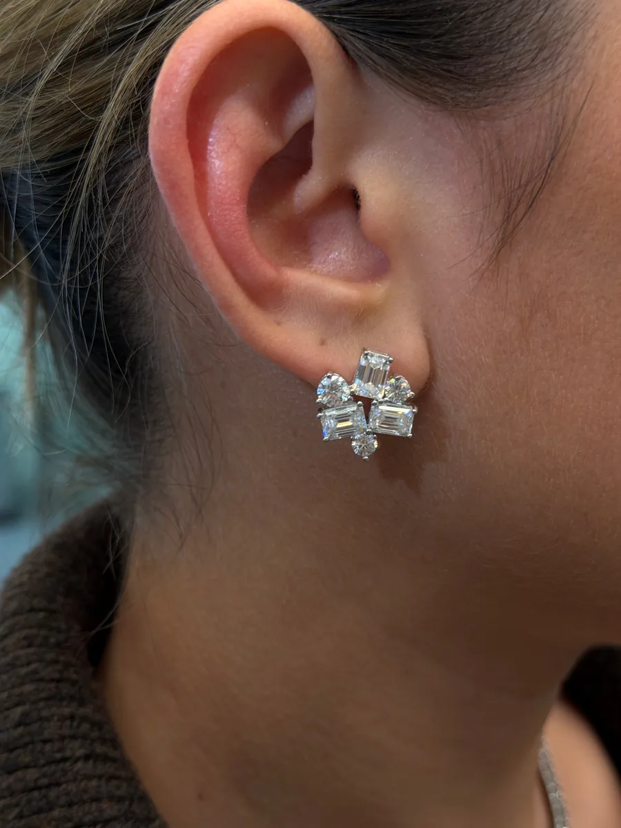 8.2CTTW Baguette & Round Cut Cluster Stud Earrings worn
