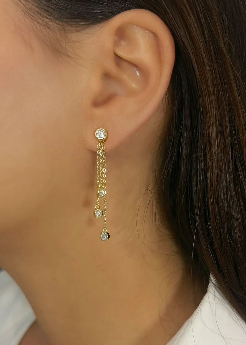 Bezel Set Chain Drop Earrings - 2 in 1 worn