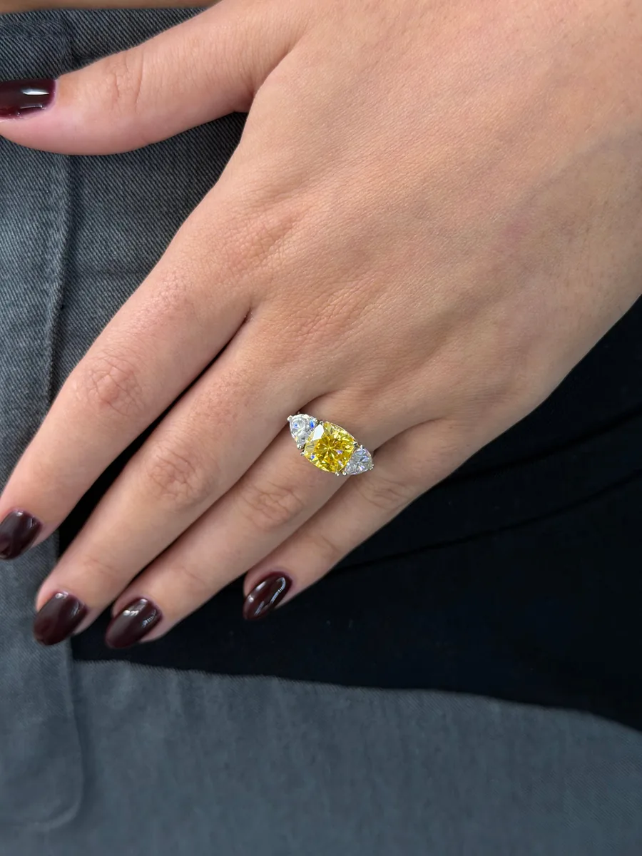 Canary Yellow Three-Stone Ring worn