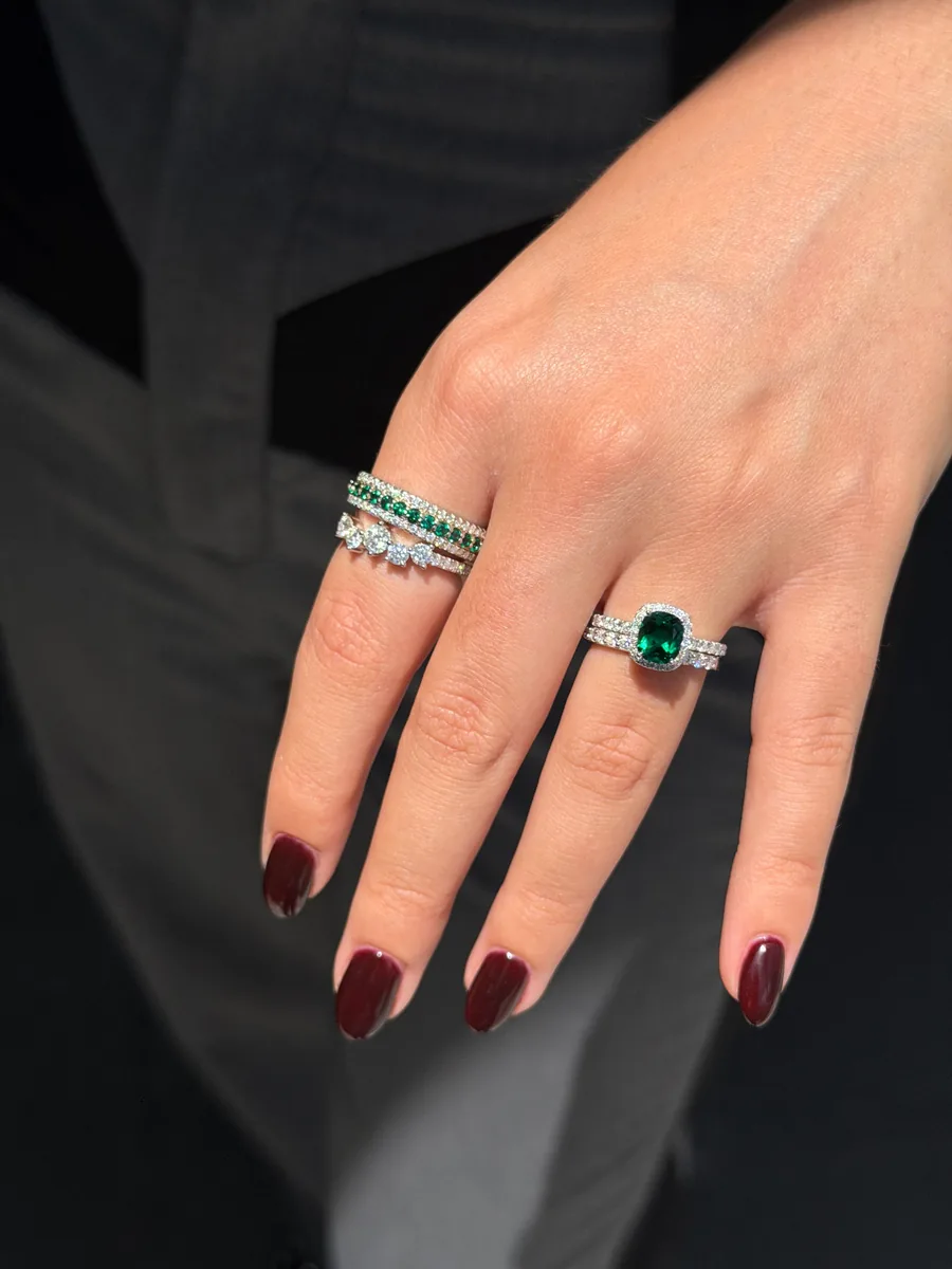Cushion-Cut Emerald Halo Ring worn