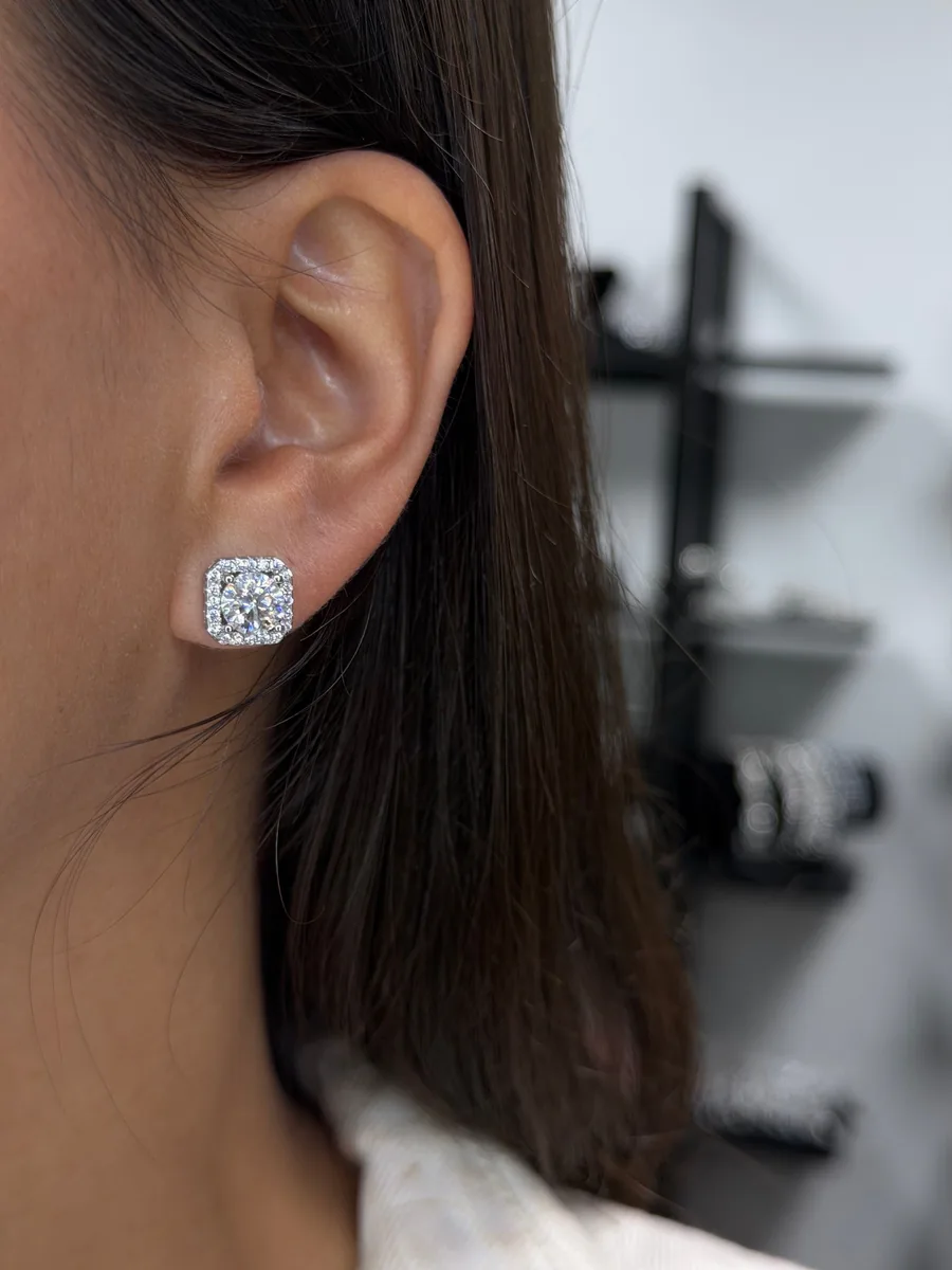 Cushion Halo Stud Earrings worn