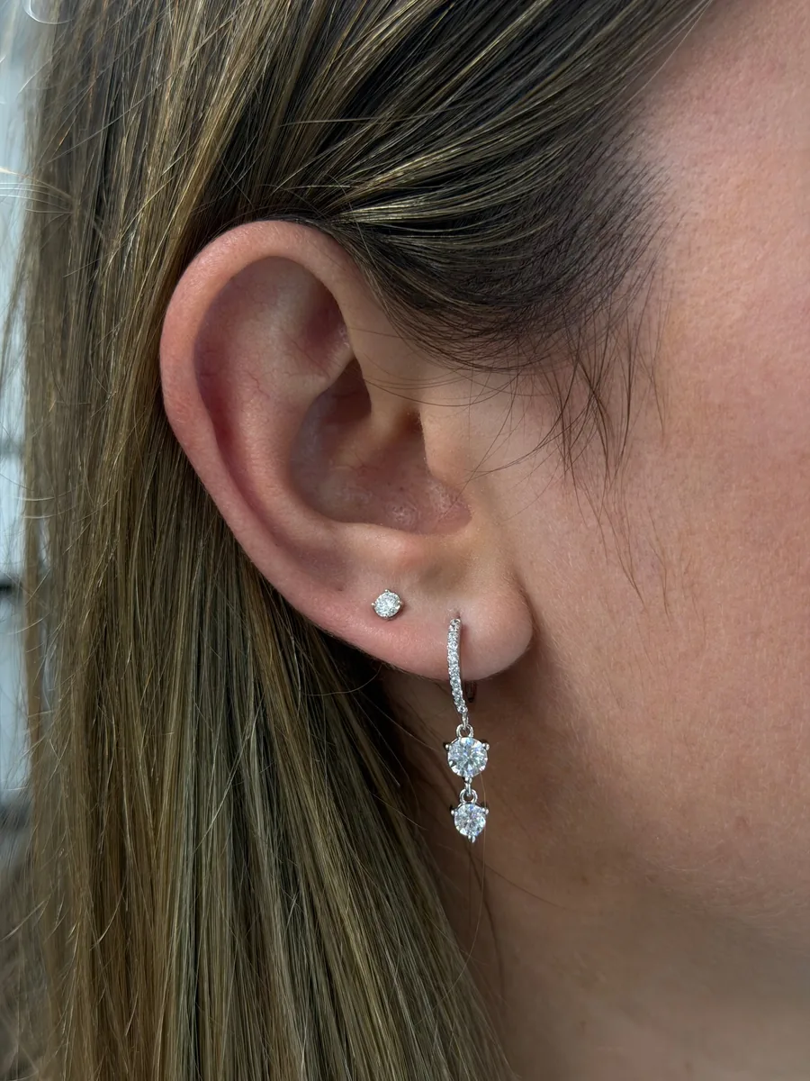 Dangle two stone hoop earrings worn
