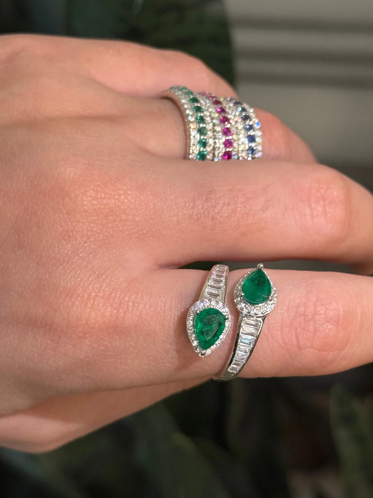 Double Pear Emerald Ring worn