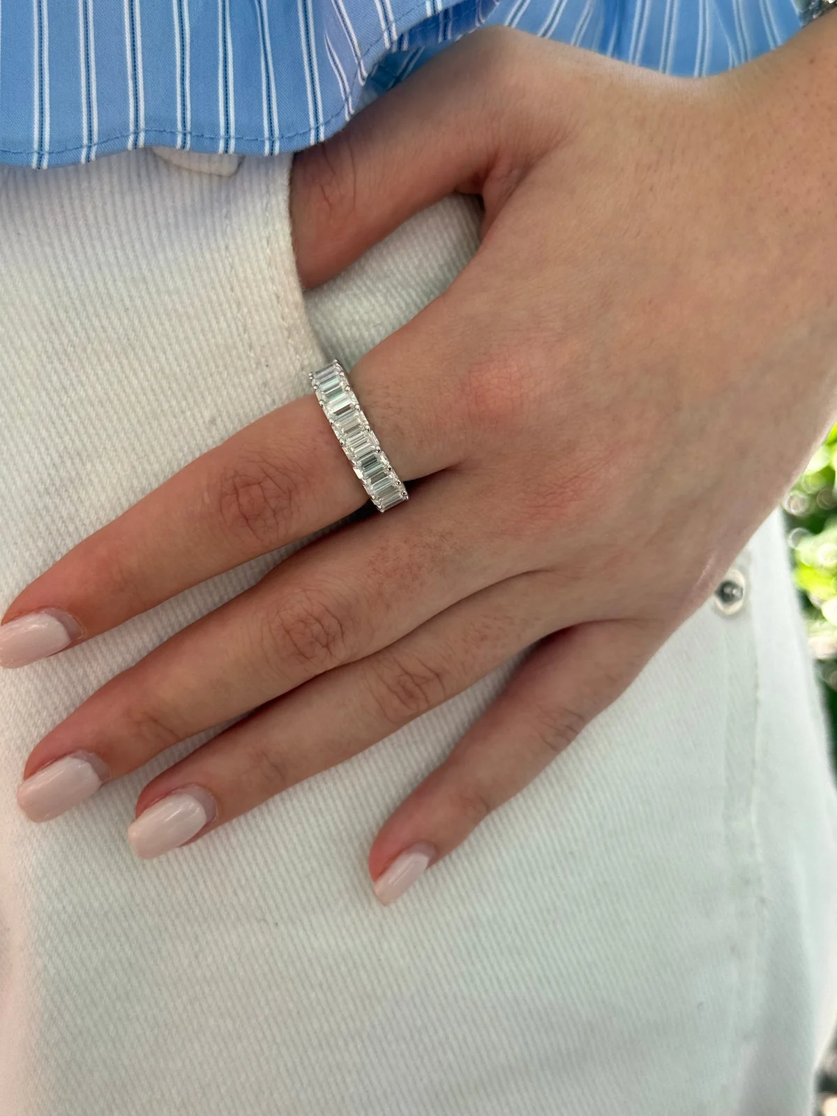 Emerald Eternity Band Ring worn