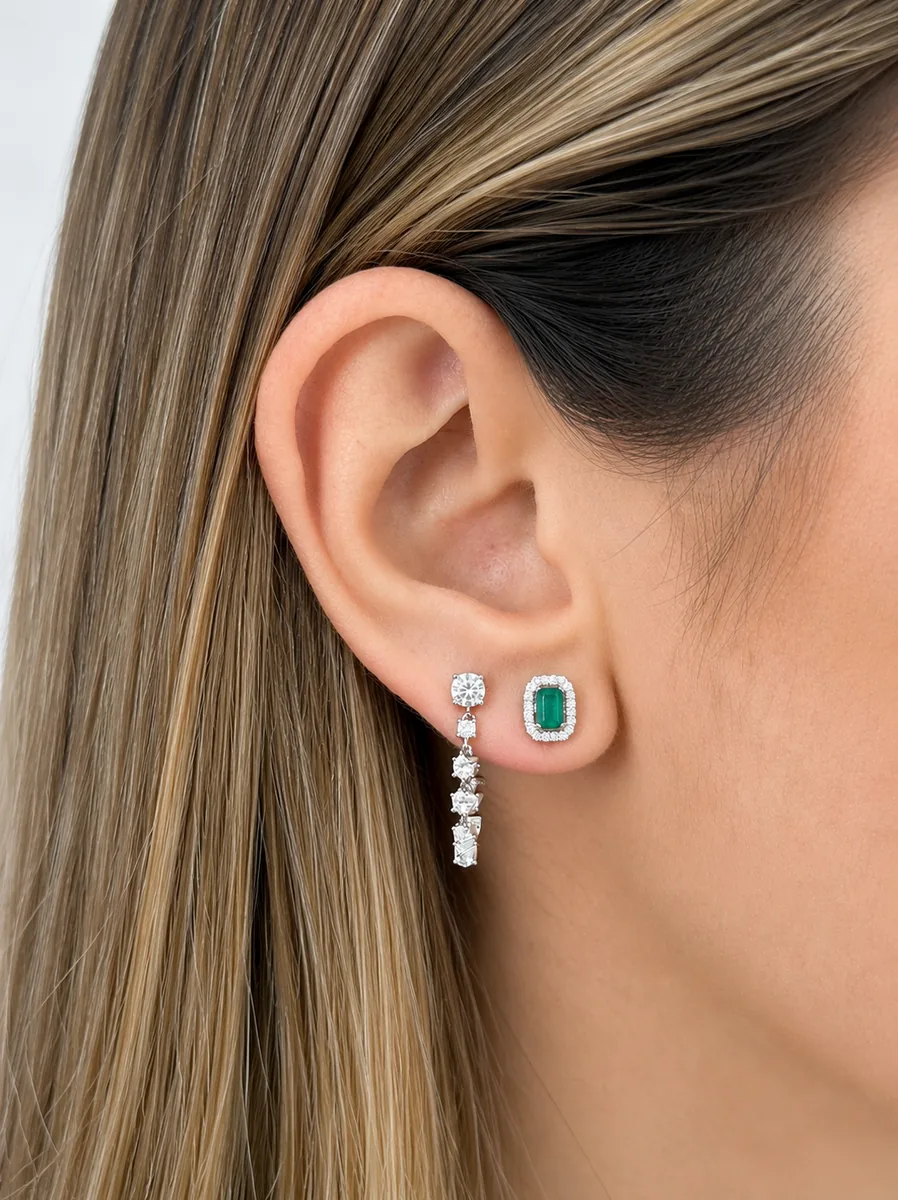 Emerald Halo Stud Earrings - Emerald Cut worn
