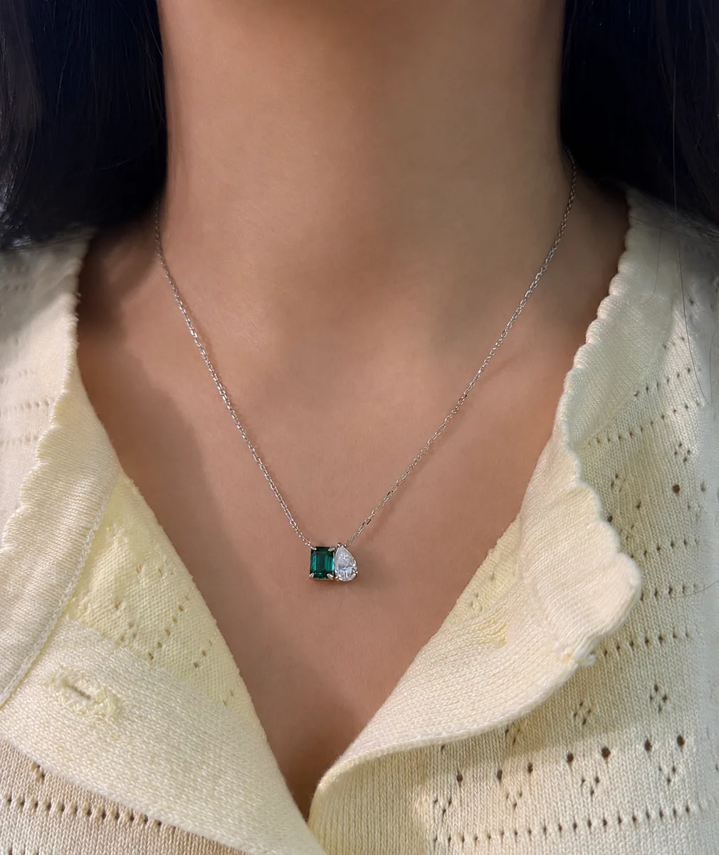 Emerald & Pear Toi et Moi Necklace worn