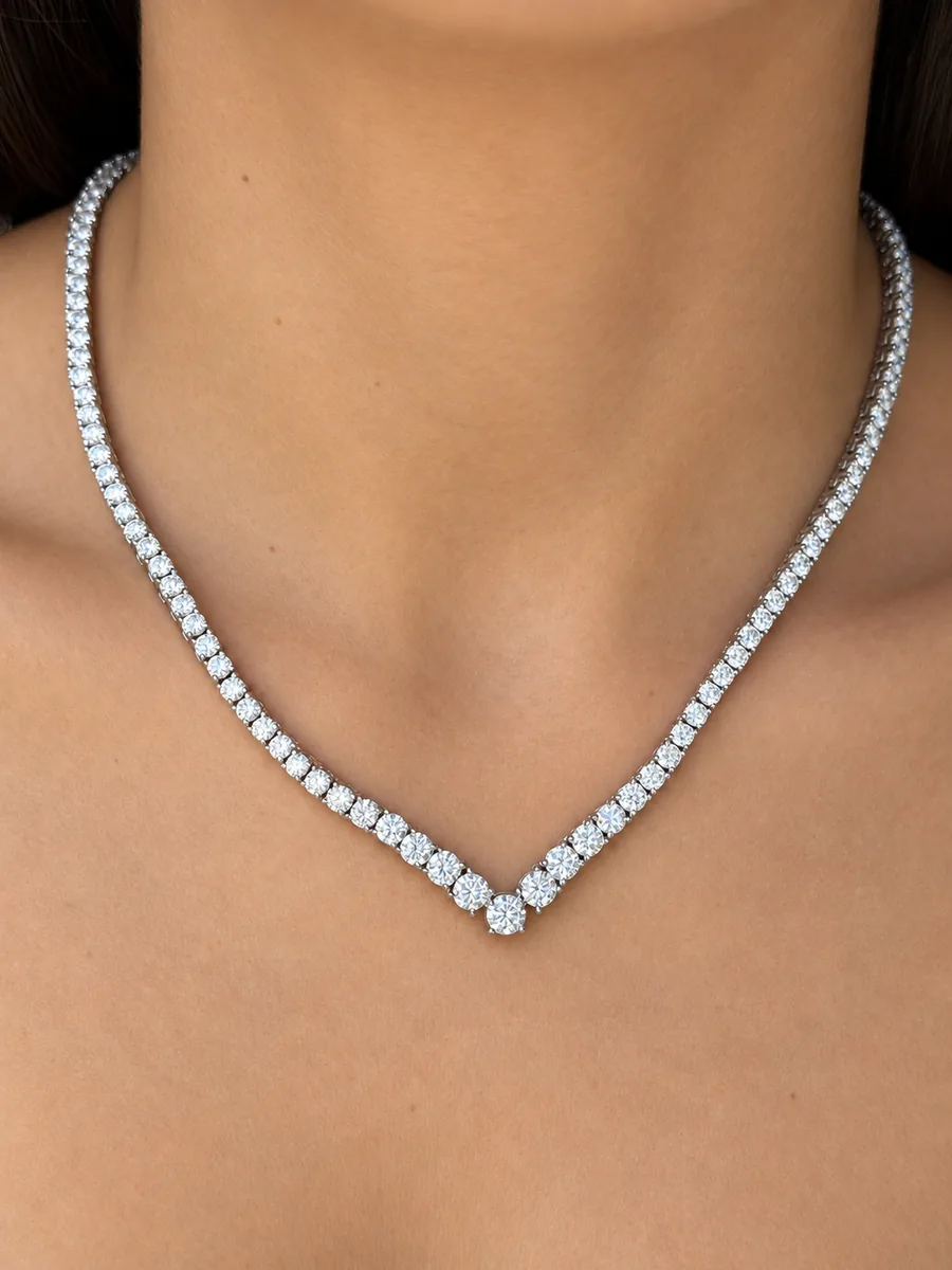 Graduated “V” Tennis Necklace worn