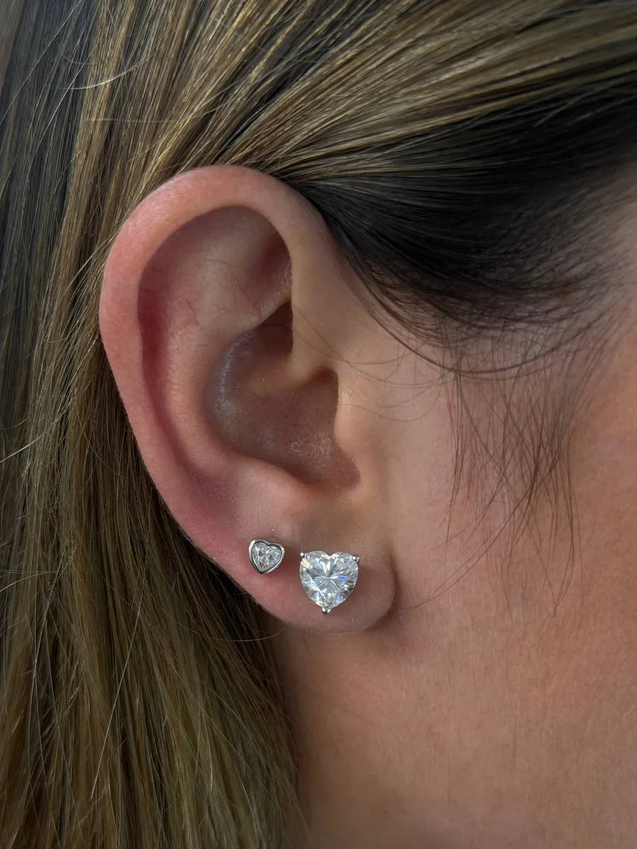 Mini bezel heart earrings worn