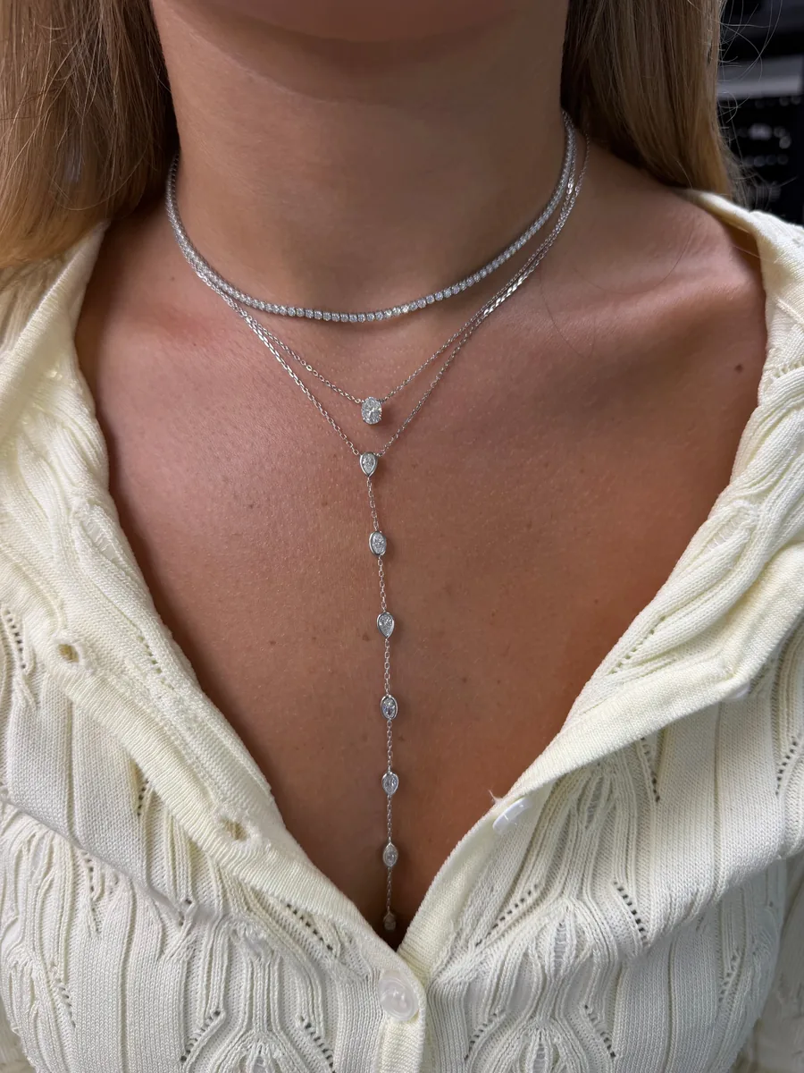 Multi Cut Bezel Lariat Necklace worn