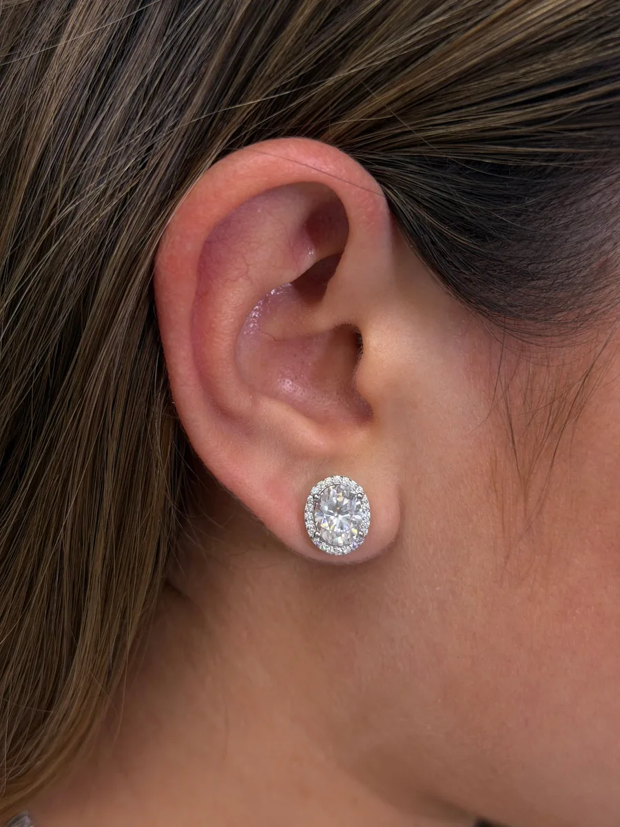 Oval Halo Stud Earrings worn