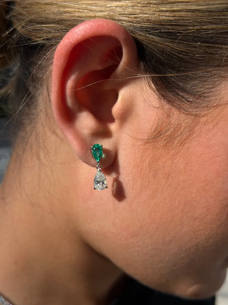 Pear Cut Emerald or Ruby Drop Earrings worn