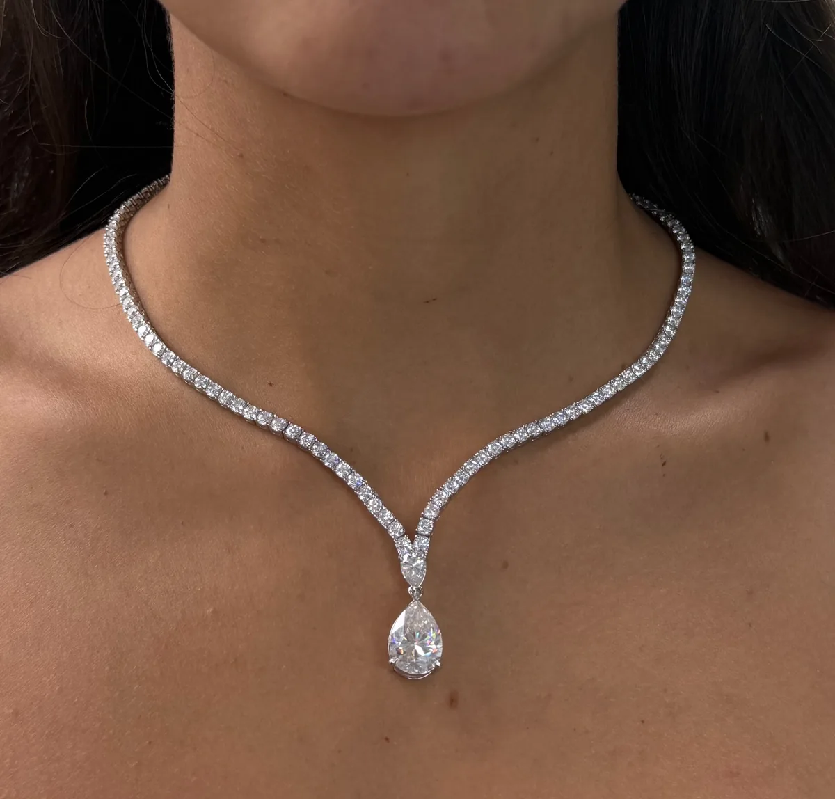 Pear Drop Tennis Necklace worn