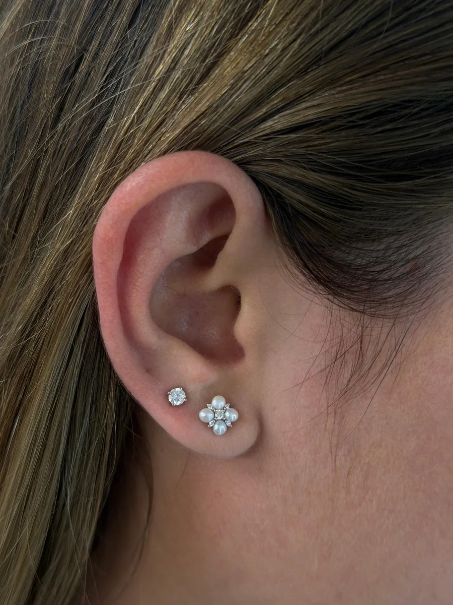 Pearl Flower Stud Earrings worn