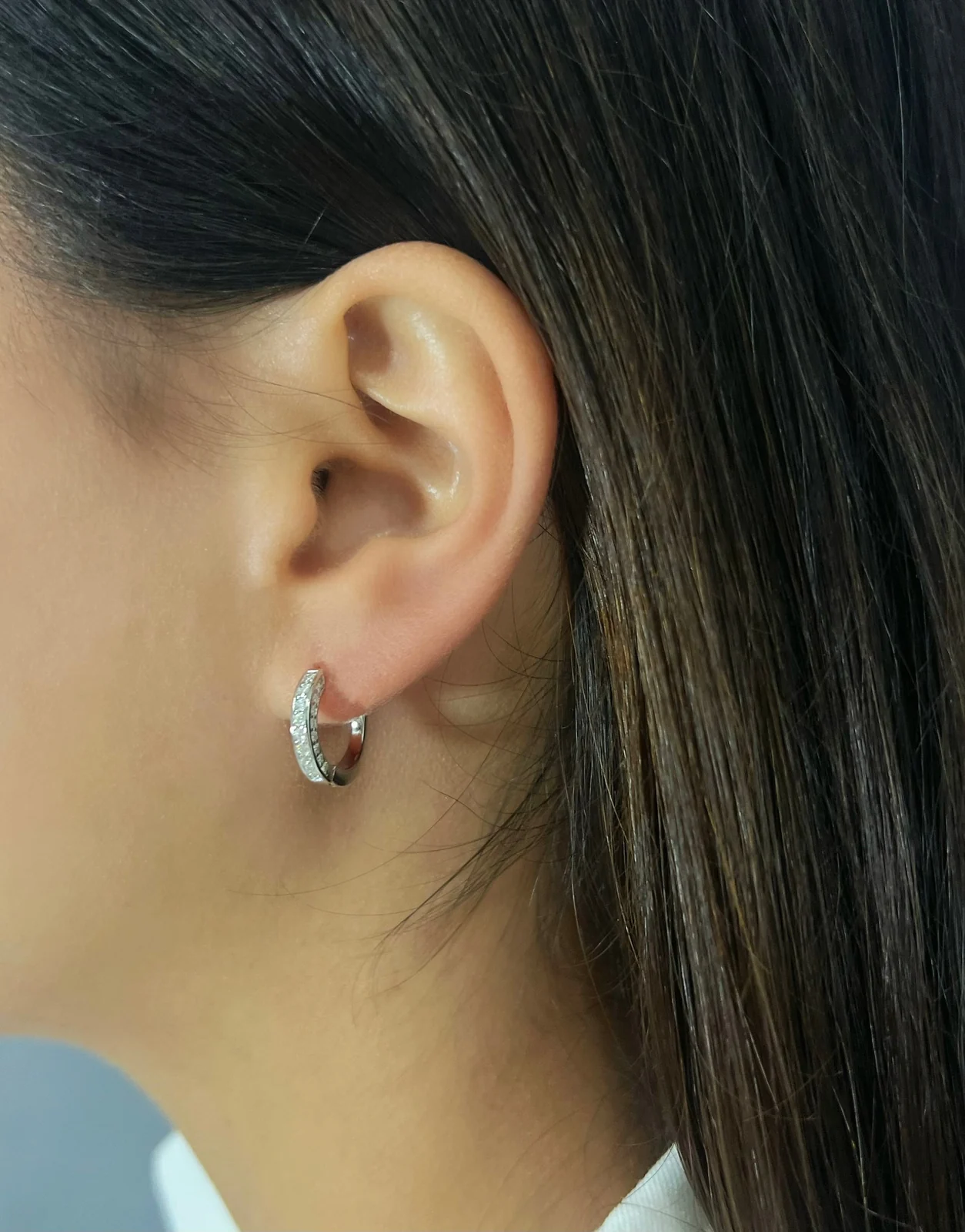 Three-Sided Pave Hoop Earrings worn