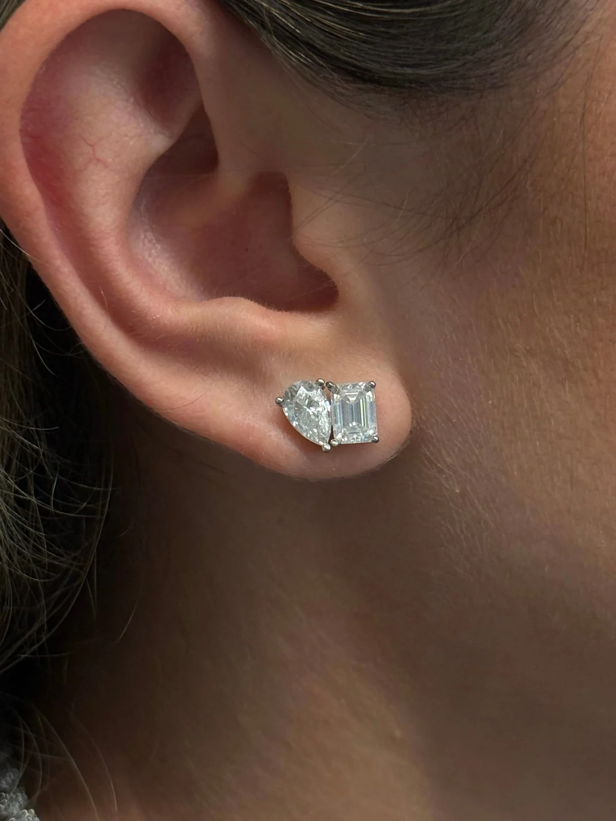 Toi et Moi Emerald & Pear Cut Stud Earrings worn