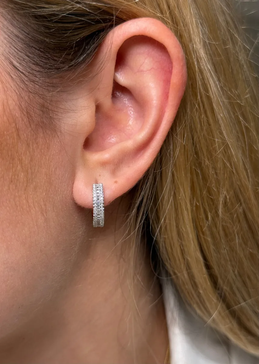 Triple Row Baguette & Round Cut Hoop Earrings worn
